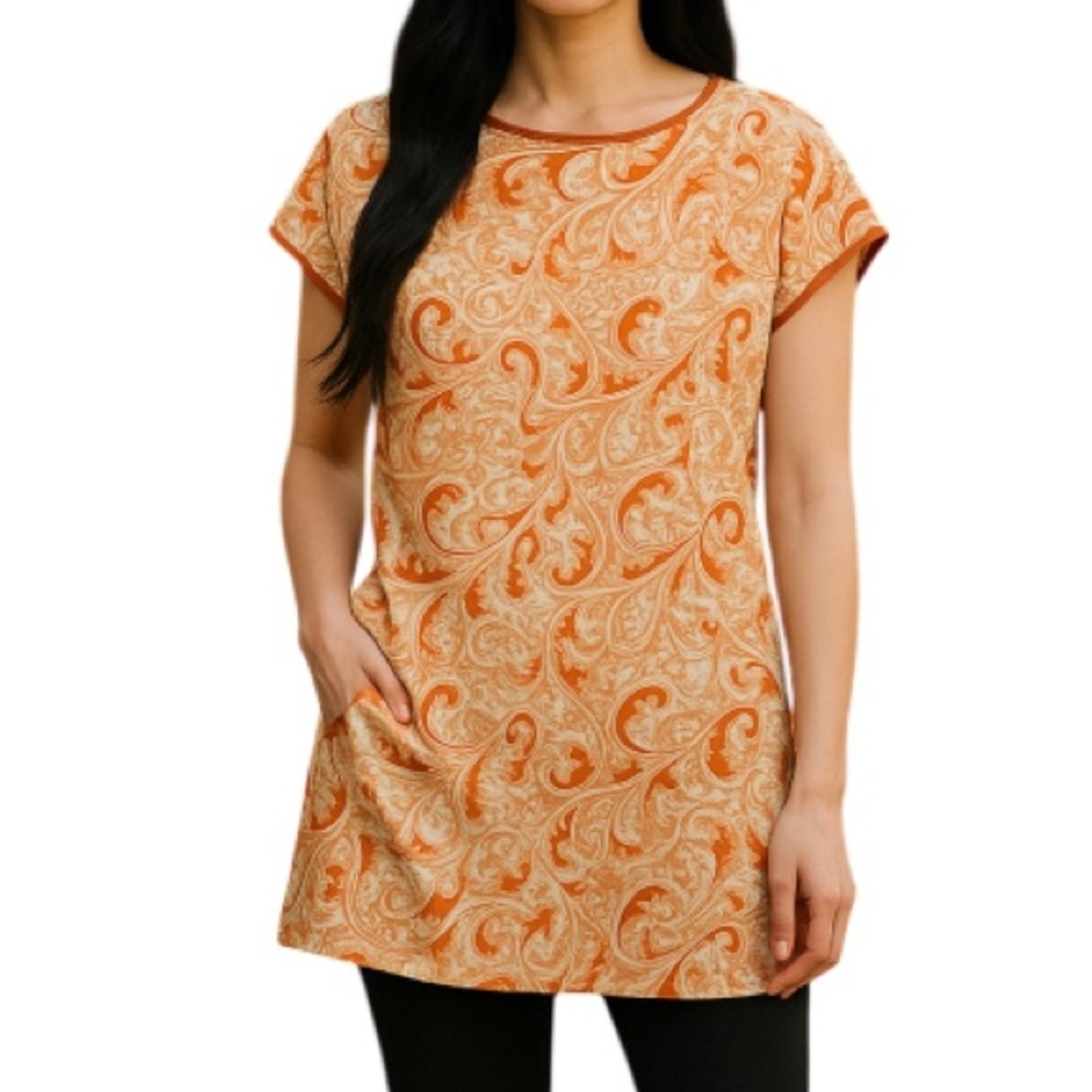 CLUB MONACO Silk Printed Shift Tunic Top Orange Peach Cap Sleeve Lined Size XS